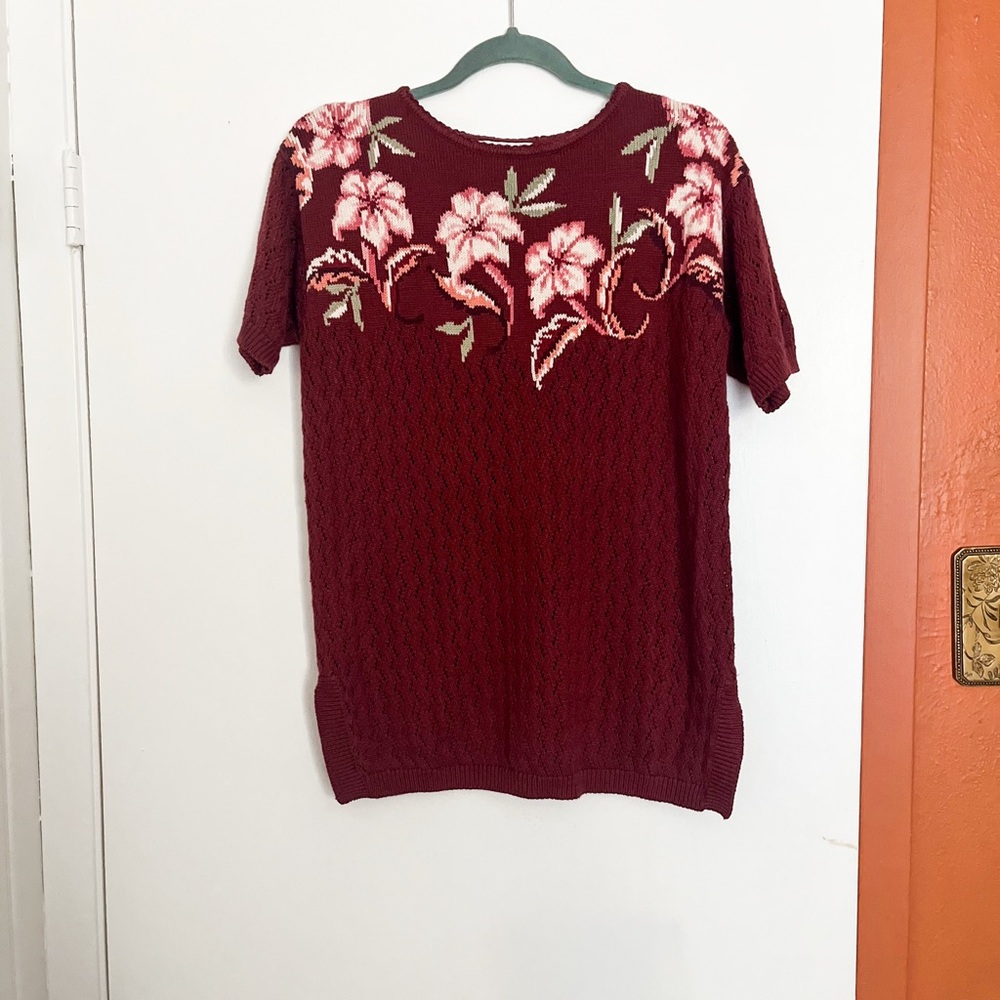 Vintage Marisa Christina Burgundy Top with Pink Floral Embroidery